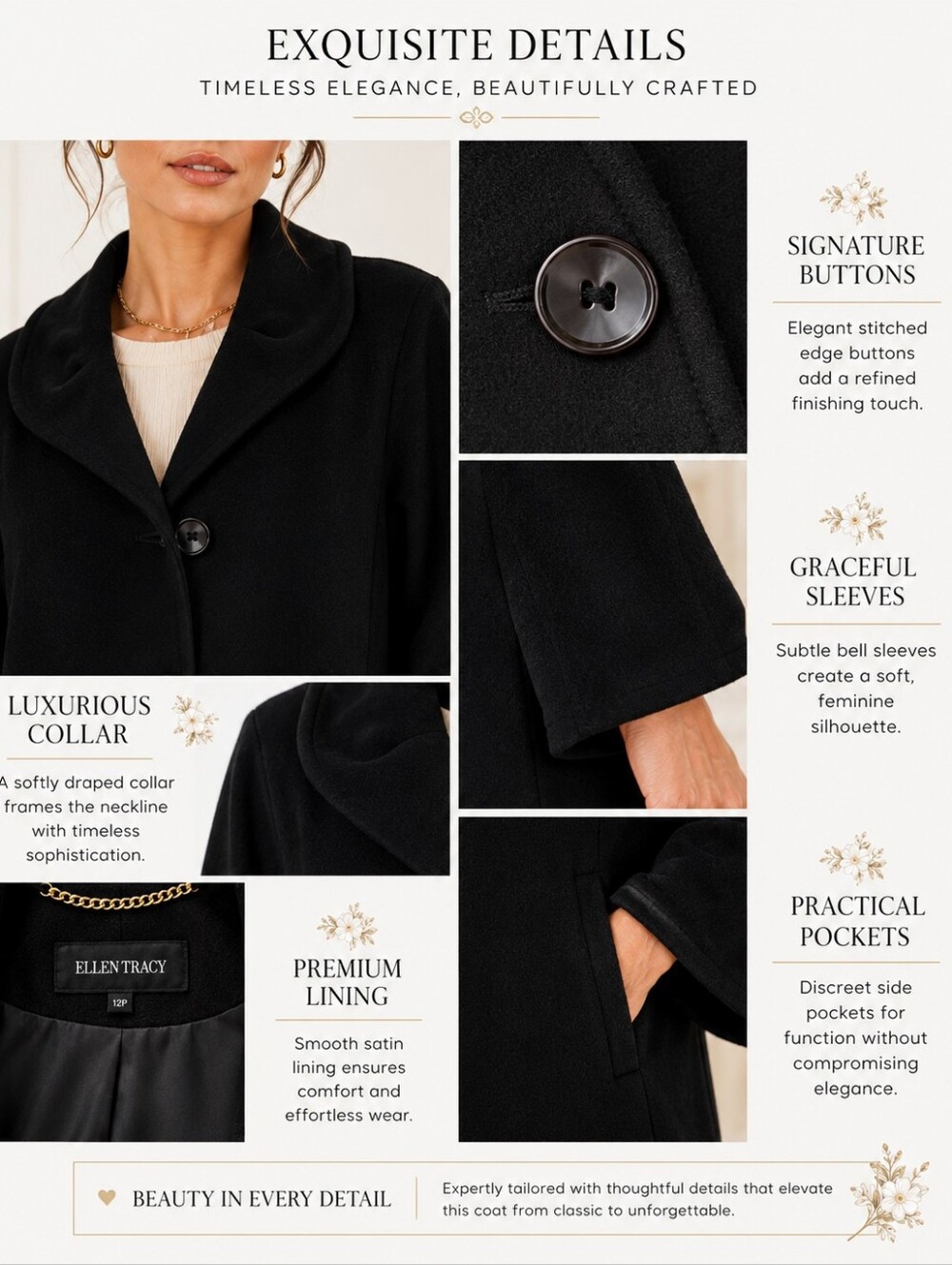 NWOT Ellen Tracy | Angora Wool Blend Black Coat| Size 12P Petite | Quiet Luxury - Picture 3 of 11